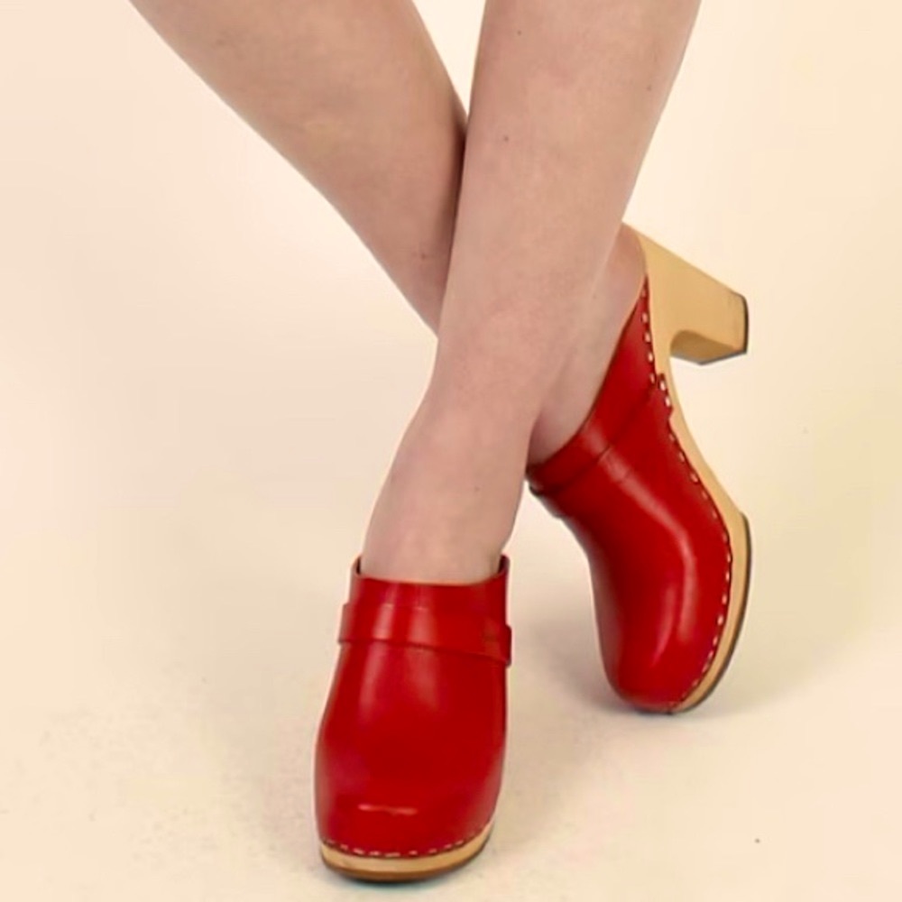 Swedish Hasbeens Red Slip on Mules, US 7, EU 37